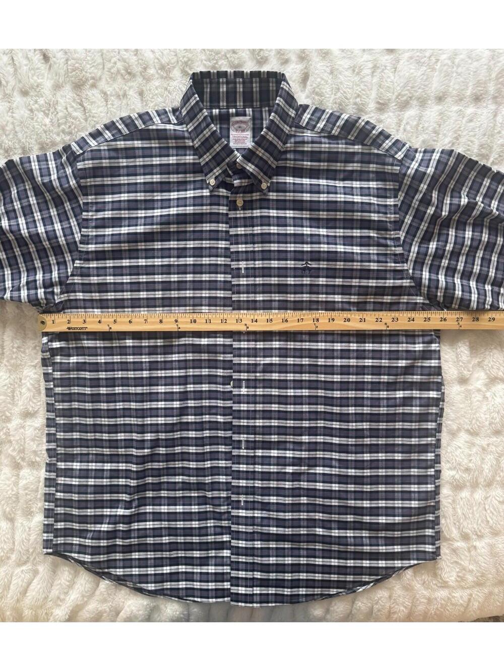 Brooks Brothers XL Plaid Button Down Shirt Non Iron Stretch Cotton Blue White Me - Picture 3 of 6